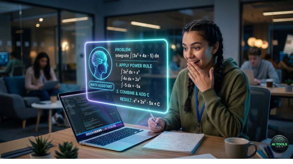 student using AI math tools on laptop for geometry and calculus homework