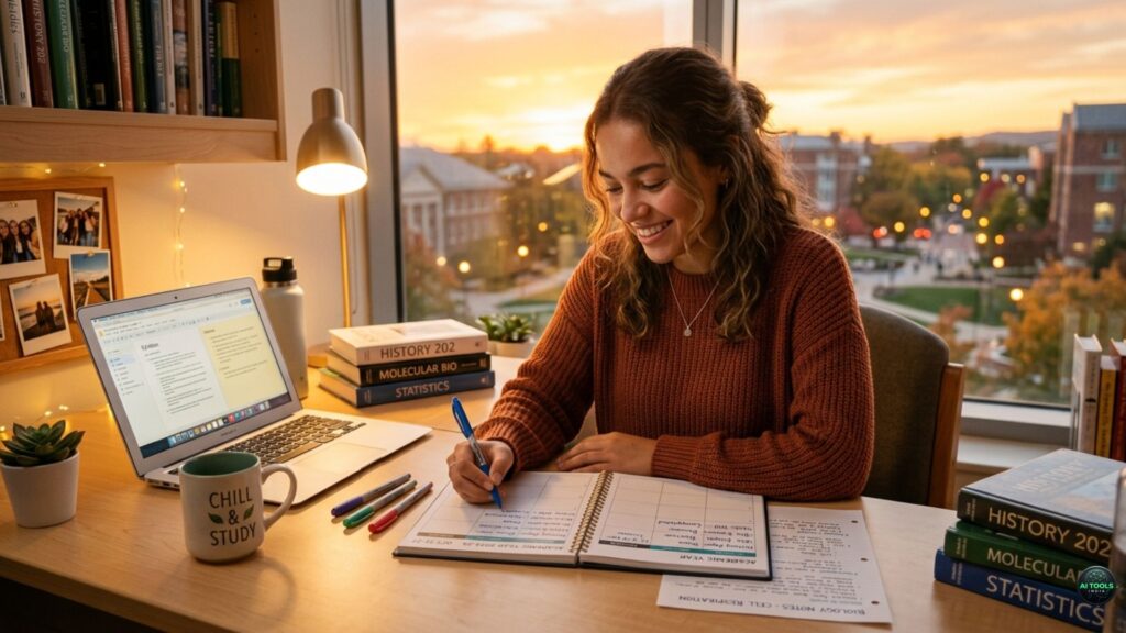 Organized college student using AI apps to manage time better
