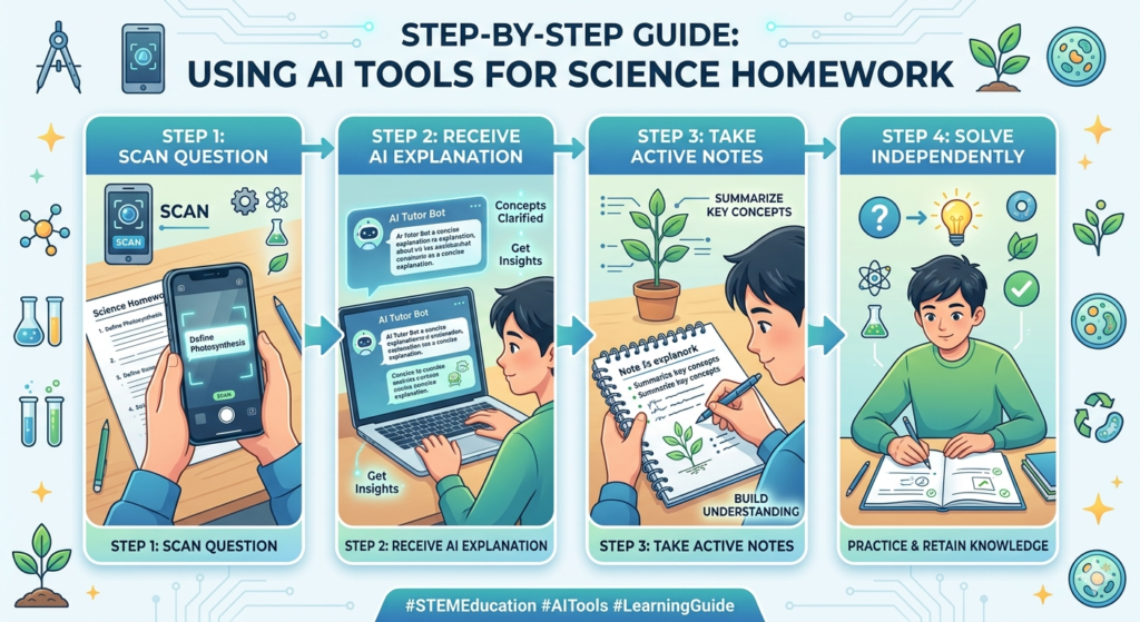 “step by step process for using AI tools to solve science homework”