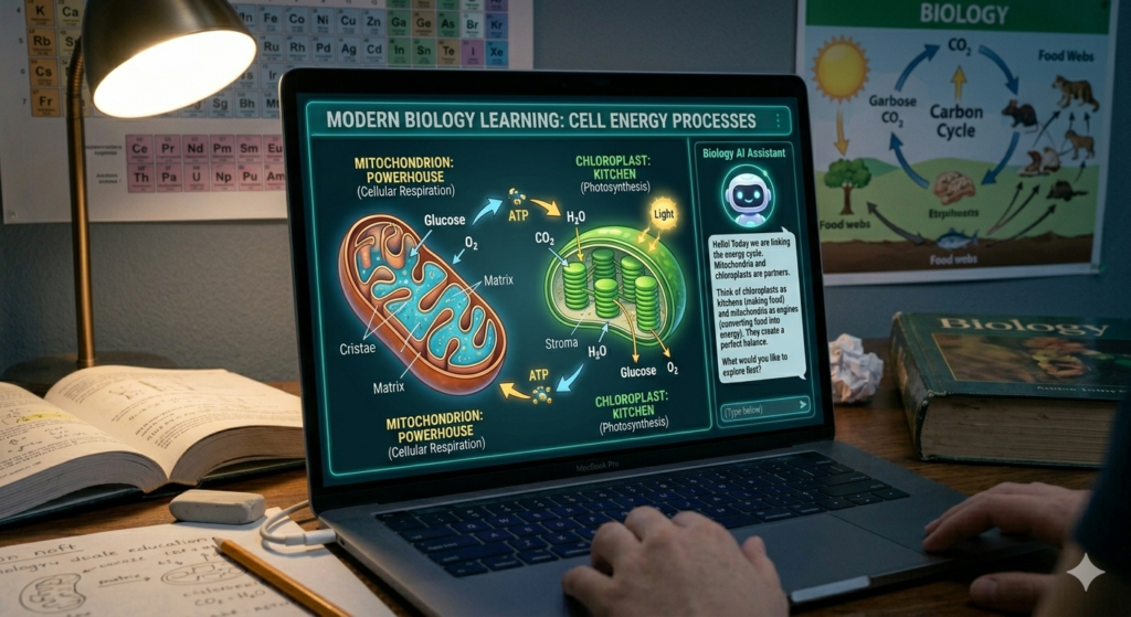 AI biology homework tool explaining cell structure and photosynthesis