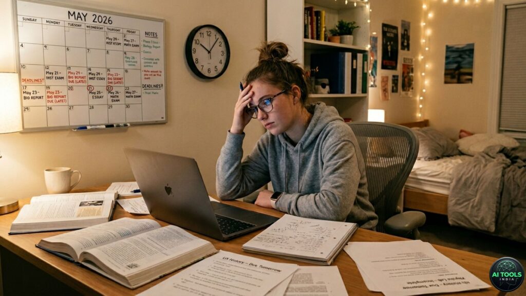 overwhelmed student struggling to finish assignments before deadlines