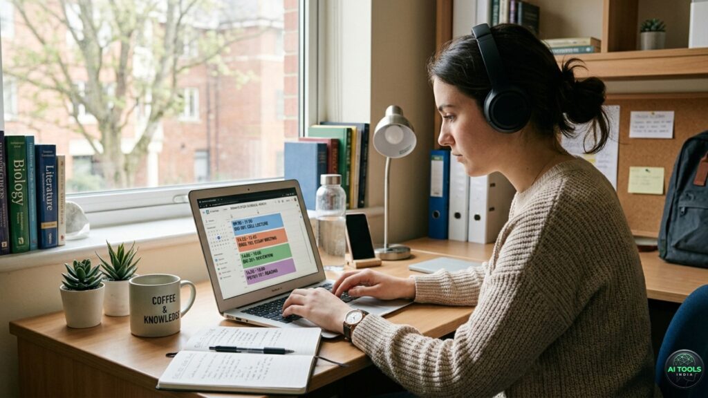student using AI scheduling tools and time blocking for homework