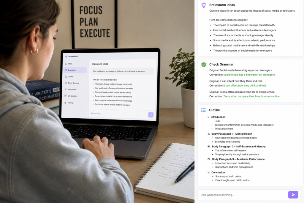 AI writing assistant helping student organize essay ideas