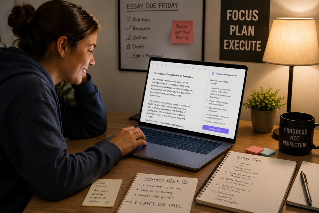 student overcoming writer’s block using AI tools