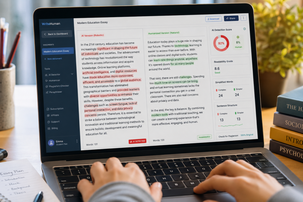 robotic AI essay compared to natural student writing
