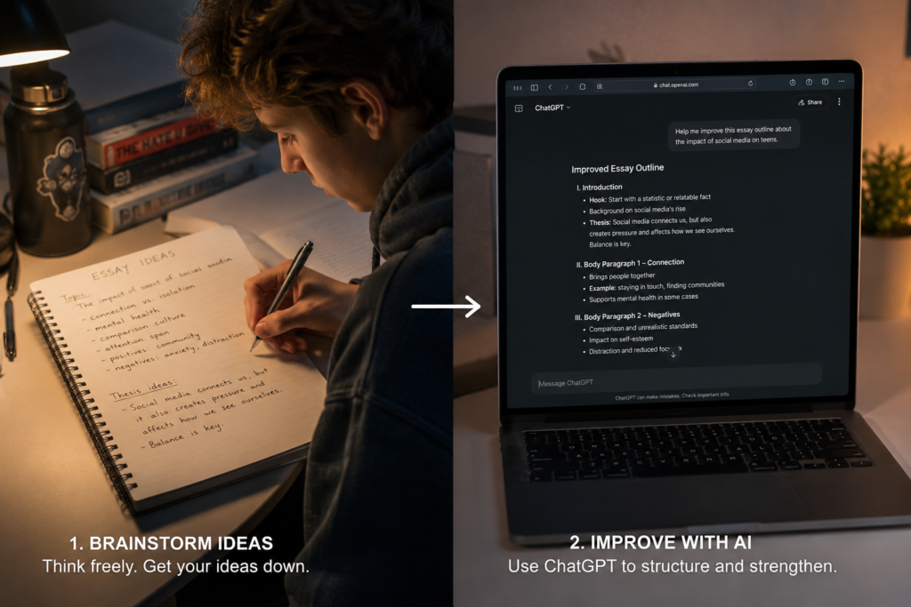 student using ChatGPT step by step for essay outlining