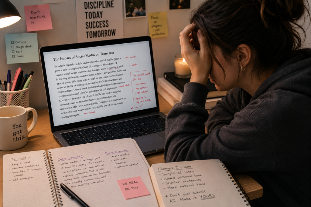 student fixing robotic AI essay mistakes