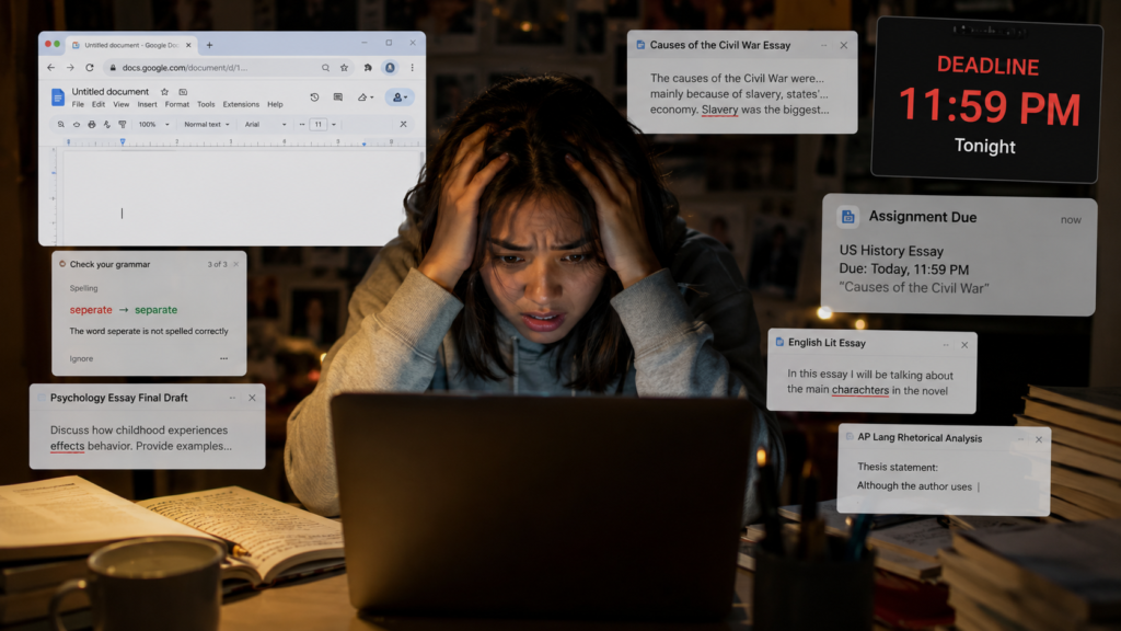 student struggling with essay proofreading and grammar mistakes
