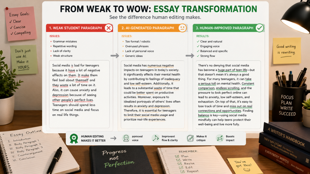 before and after AI essay proofreading example for students