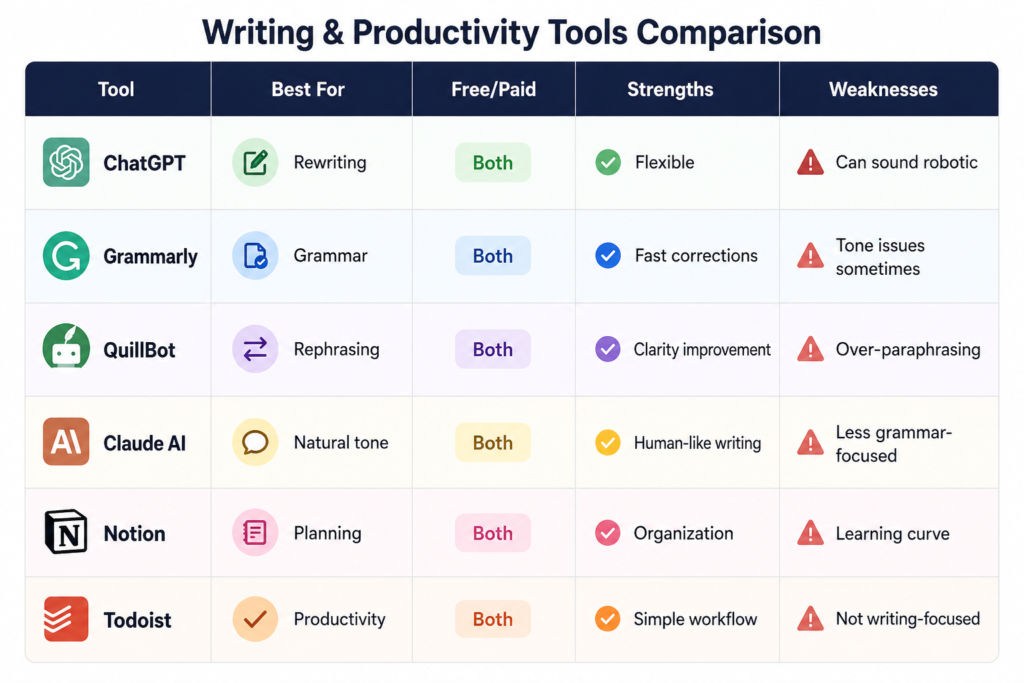 comparison table of AI proofreading and essay editing tools for students