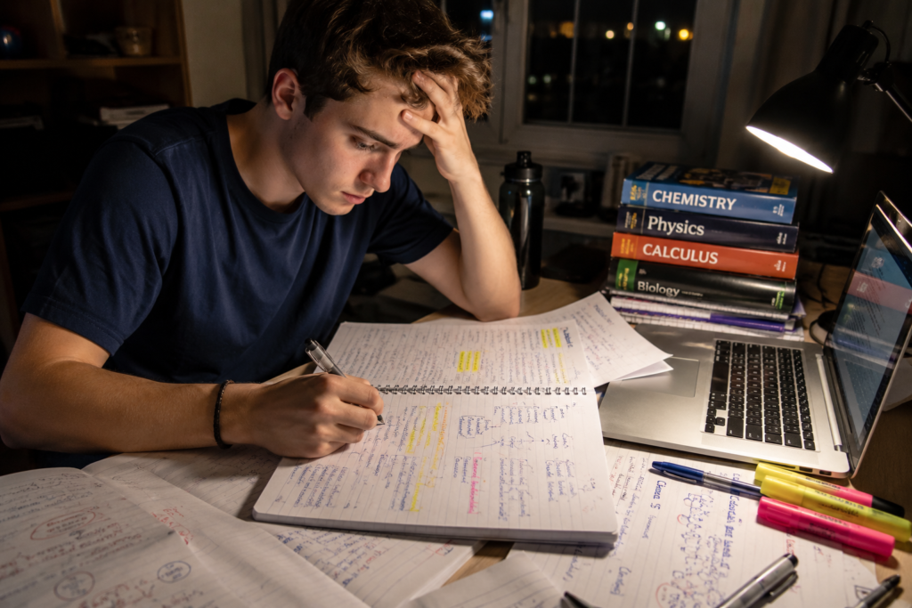 student struggling with messy class notes before exams