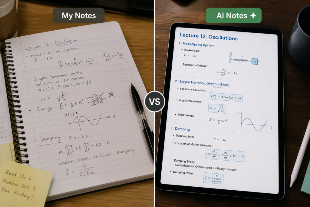 comparison of traditional notes and AI organized lecture notes