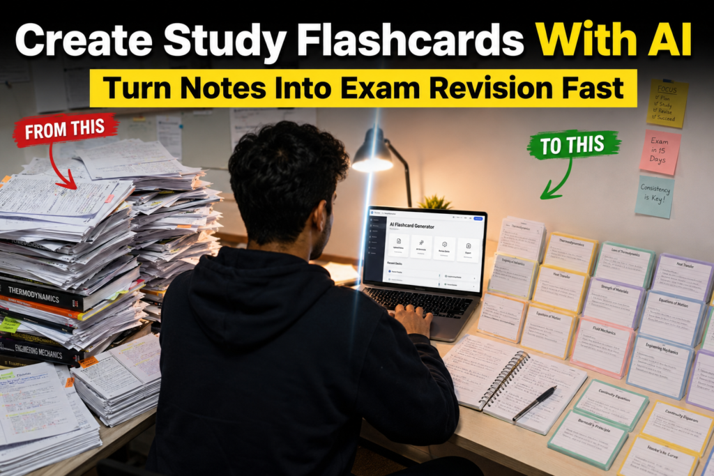 student using AI study flashcards created from notes and textbooks for exam revision