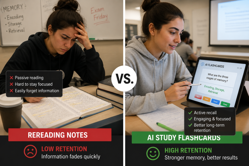 student using flashcards for active recall instead of rereading notes