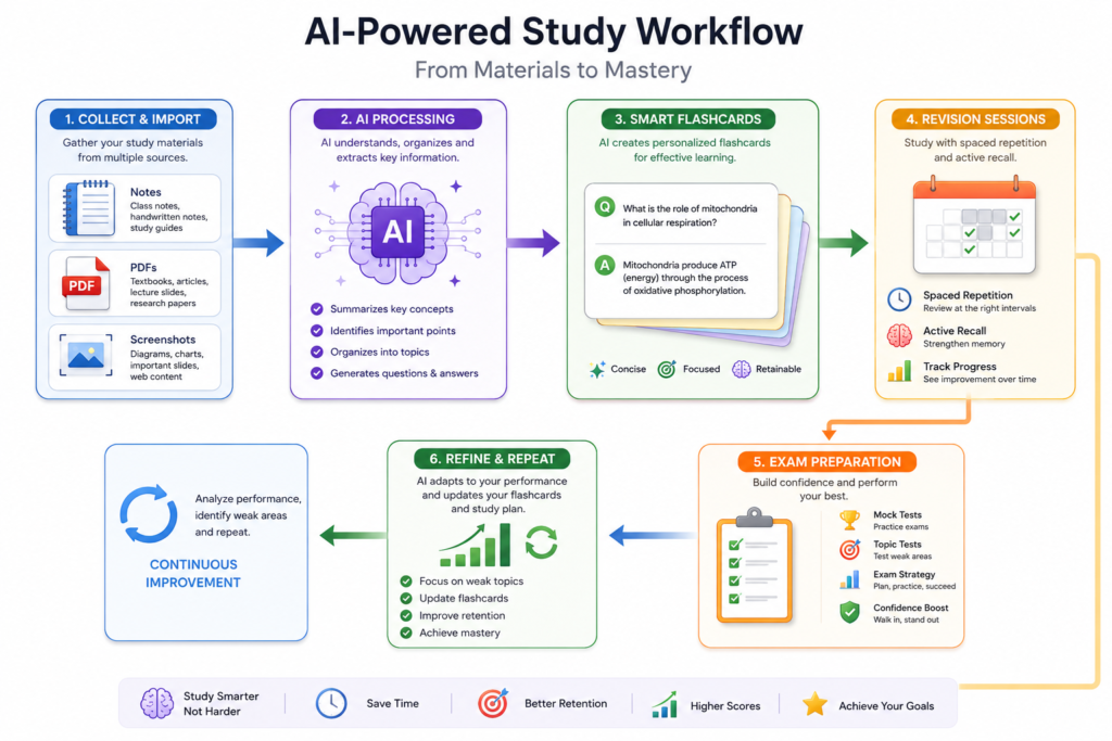 AI flashcard workflow from notes and PDFs to exam revision materials