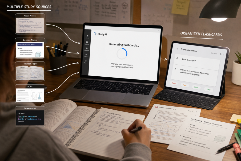class notes, lecture notes, PDFs and screenshots converted into study flashcards