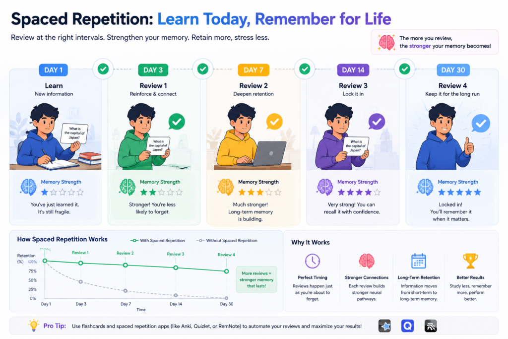 spaced repetition study method using flashcards for long term memory