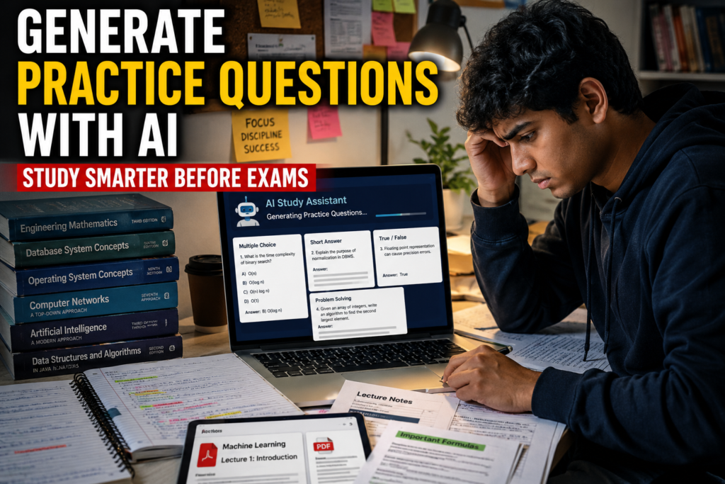 AI practice questions for students before exams from notes and study materials