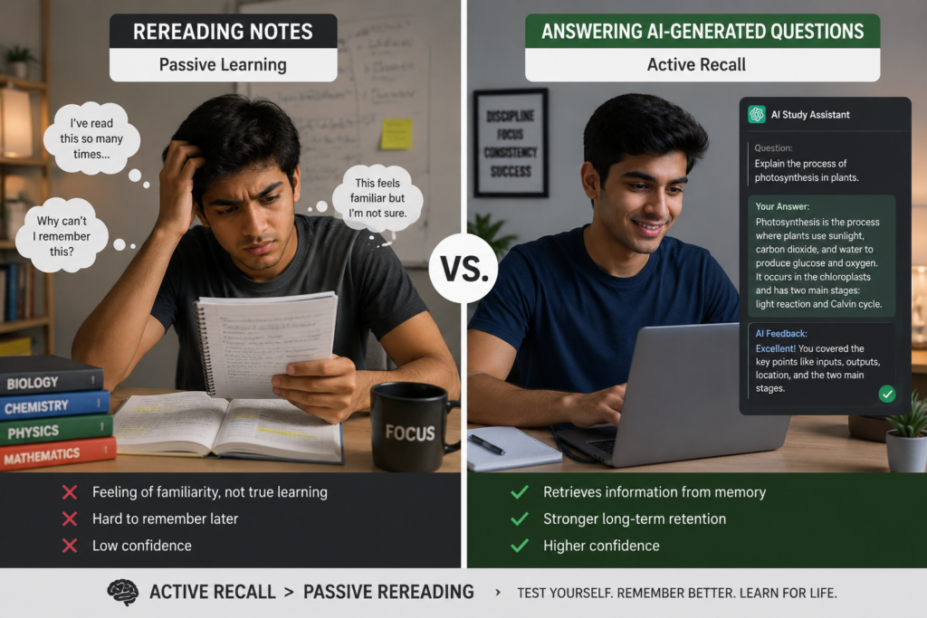 active recall study questions versus rereading notes for exam revision