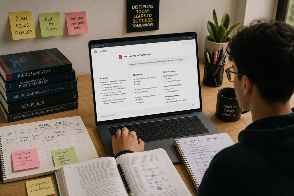 student using AI study tools to revise long textbook chapters