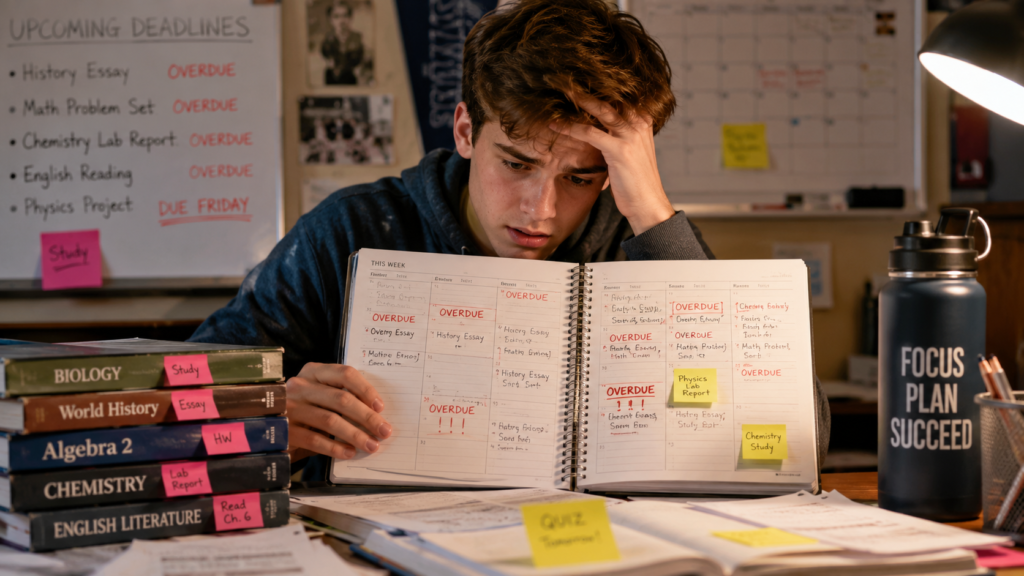 student with homework backlog