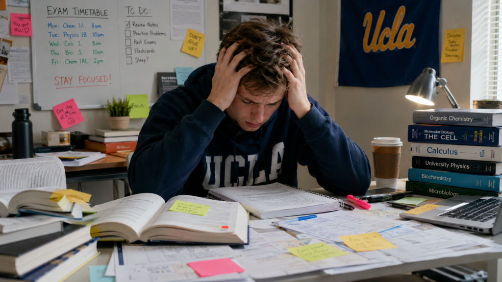student overwhelmed with last minute exam preparation