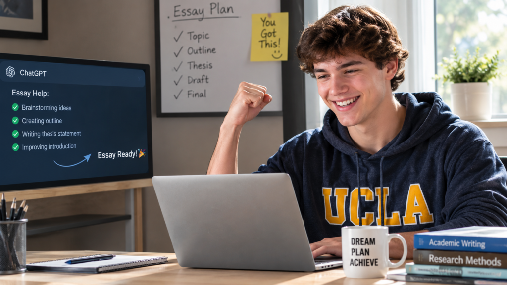 student completing an essay successfully using AI writing tools