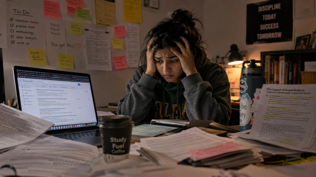 overwhelmed student managing multiple research papers