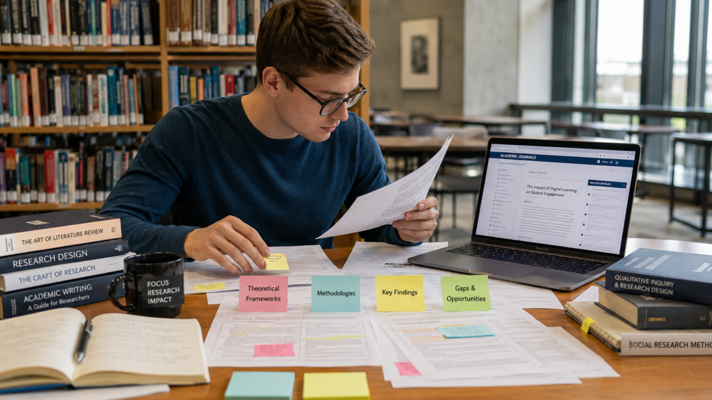 student organizing academic research papers for literature review