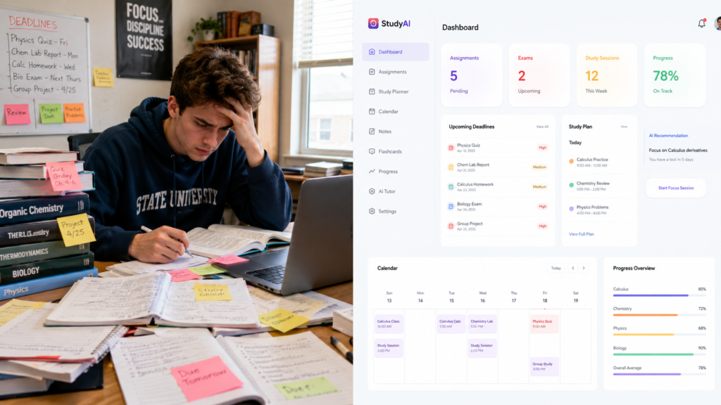 AI study planner helping college student organize semester workload
