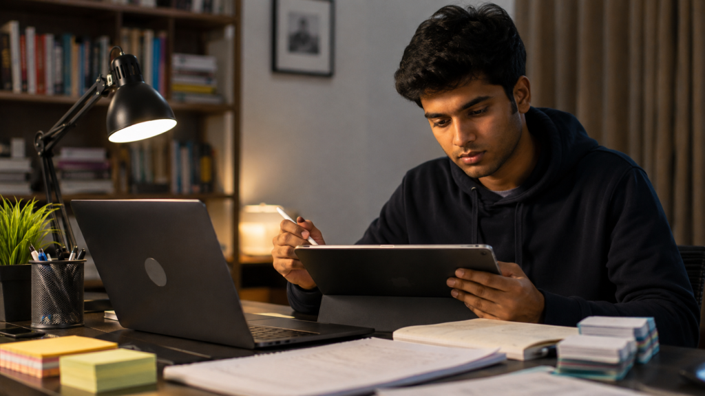 College student reviewing AI study notes before exams