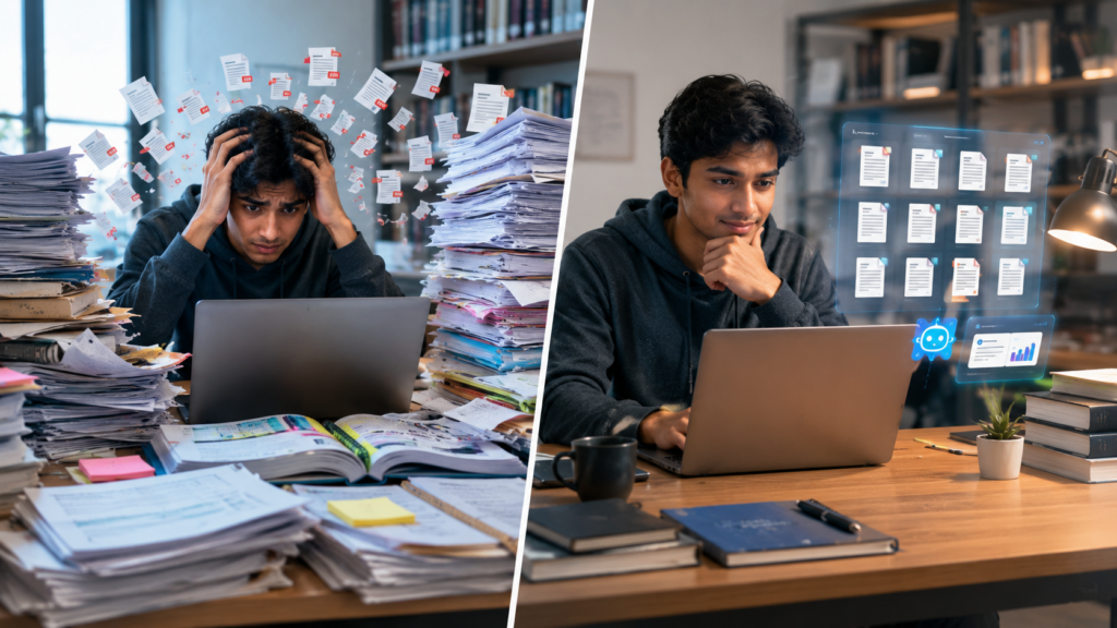College student overwhelmed by long textbooks and research PDFs