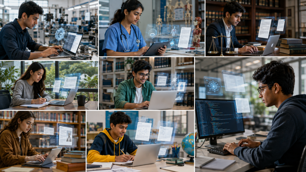 Different college students using AI to study PDFs