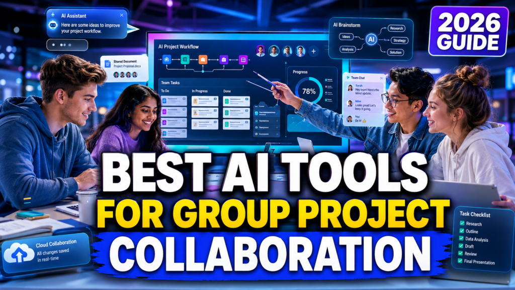 AI Tools for Group Project Collaboration for Students collaborating on a college project using AI-powered teamwork apps