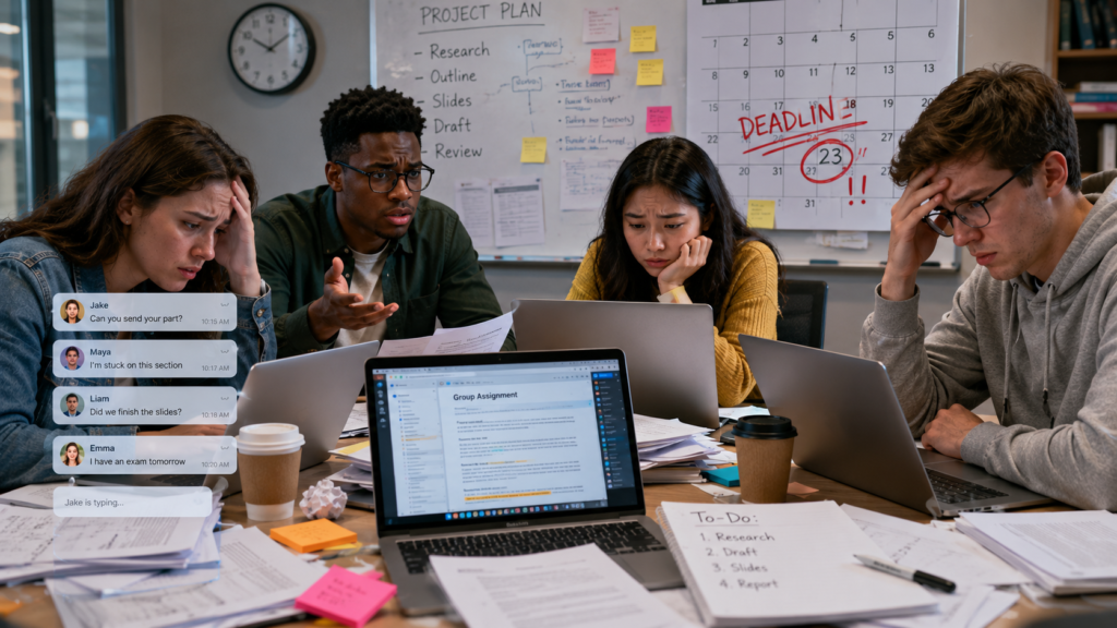 College students facing communication and teamwork challenges during a group project