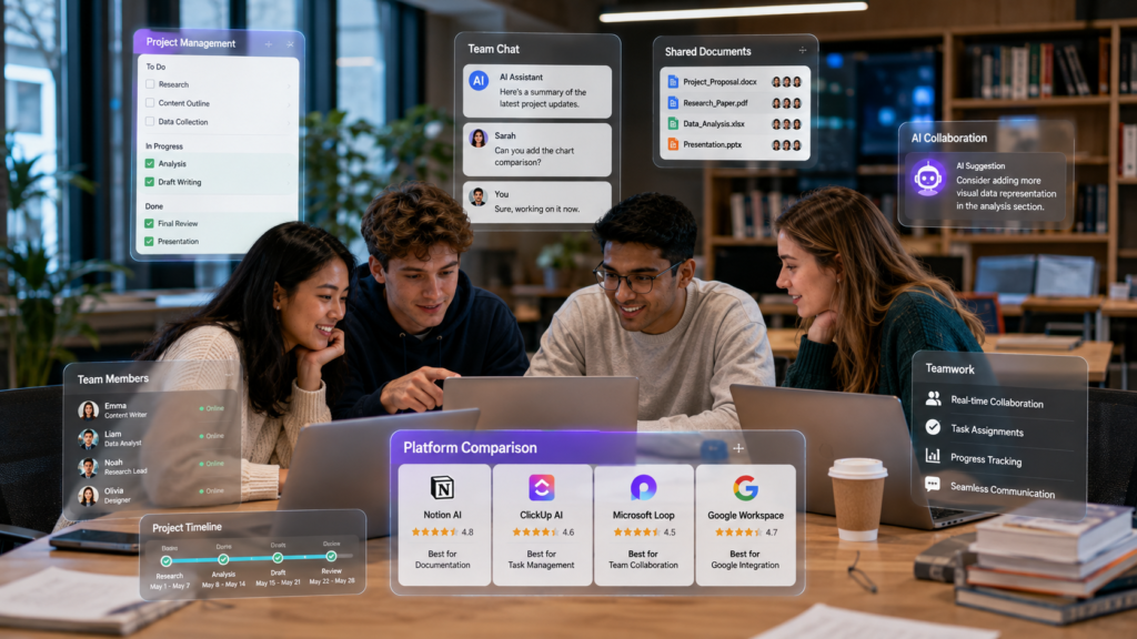Students comparing AI collaboration software for college group assignments