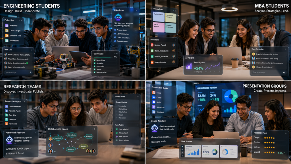 Different student teams using AI collaboration tools for engineering, business, and research projects