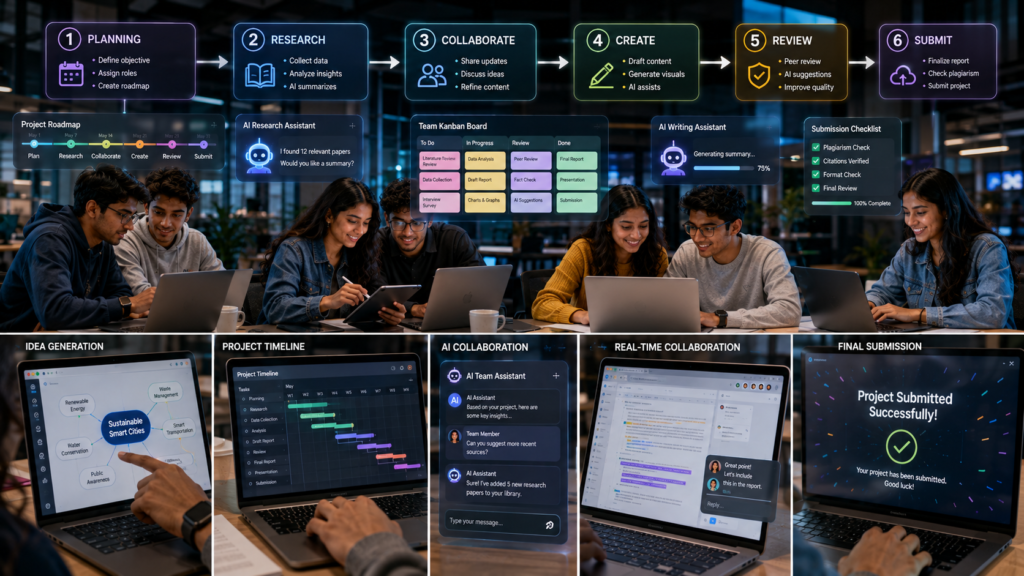 Students following an AI-powered workflow for planning, research, writing, and project submission
