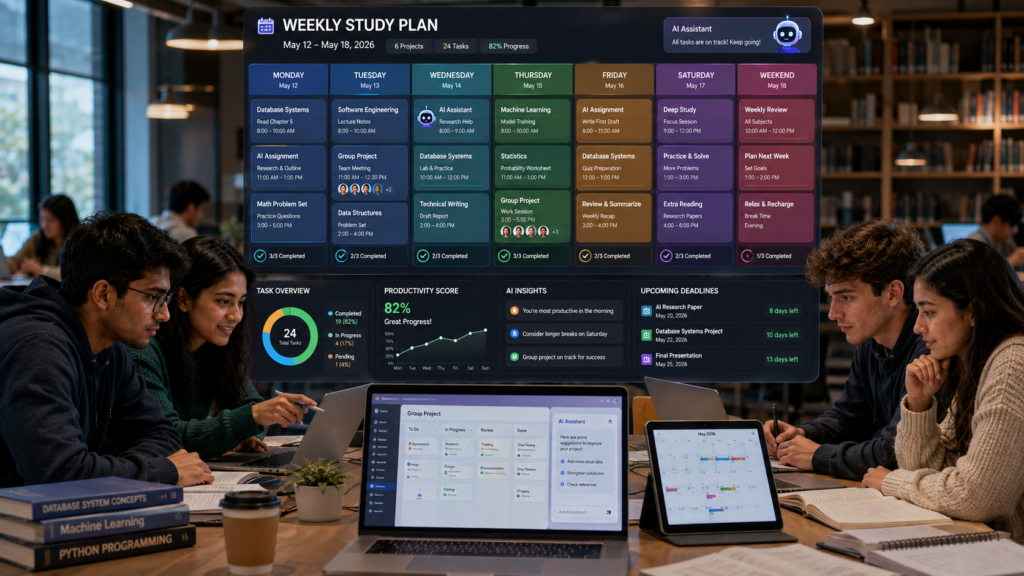 Students following a structured weekly collaboration schedule using AI productivity tools