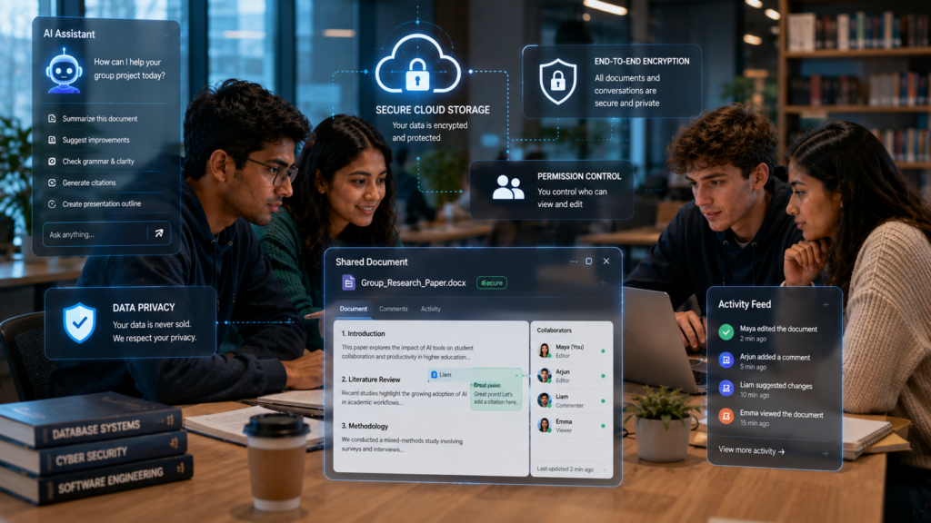 Students securely using AI collaboration tools while protecting shared academic documents