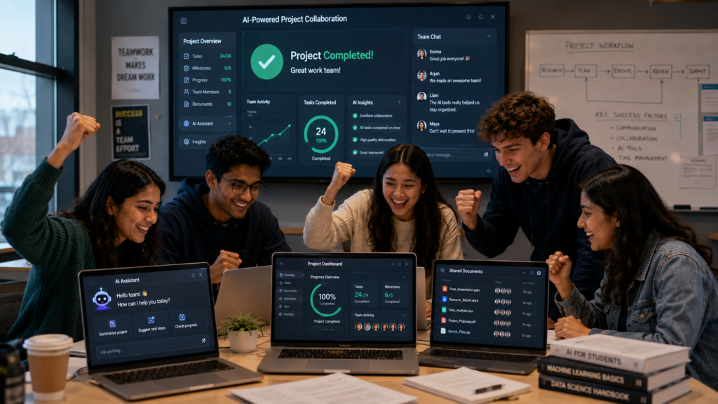 Happy college students completing a successful group project using AI collaboration tools