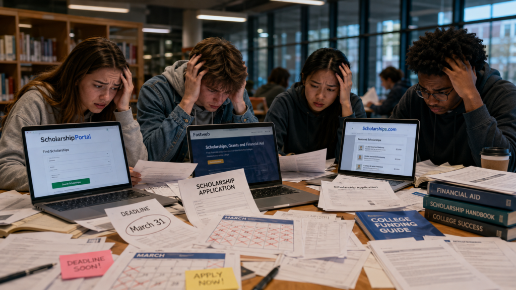 College students searching for scholarships while managing deadlines and multiple applications
