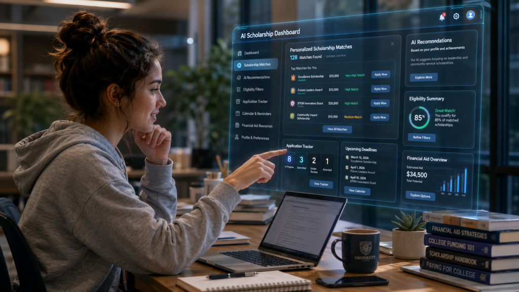 Student using AI to discover personalized scholarship opportunities and organize applications