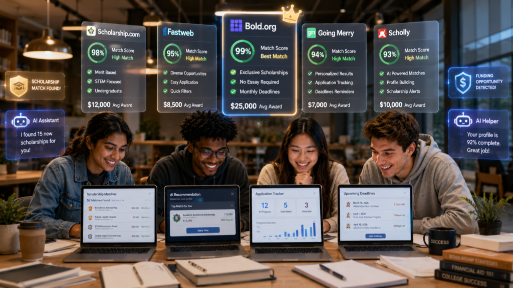 Students comparing AI scholarship search platforms on laptops before applying for financial aid