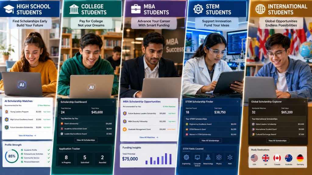 High school, college, MBA, STEM, and international students using AI scholarship tools