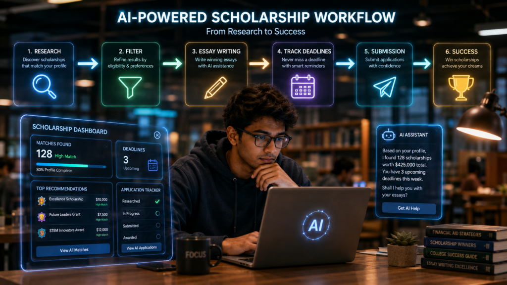 Student following an AI-powered scholarship application workflow from research to submission