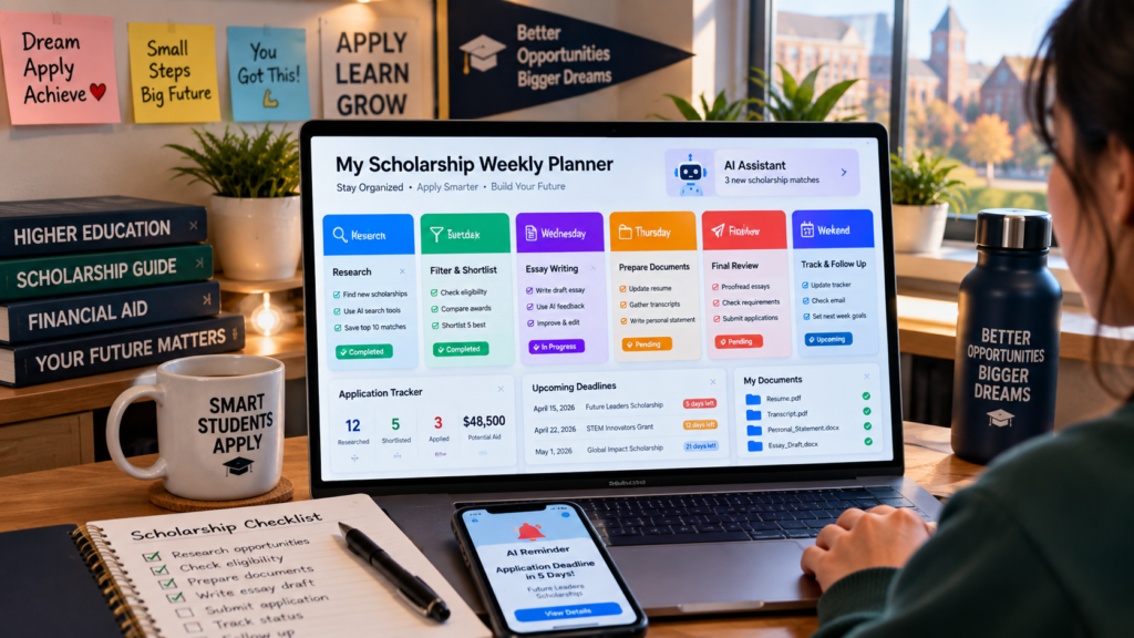 Student planning weekly scholarship applications using AI productivity tools and calendar reminders