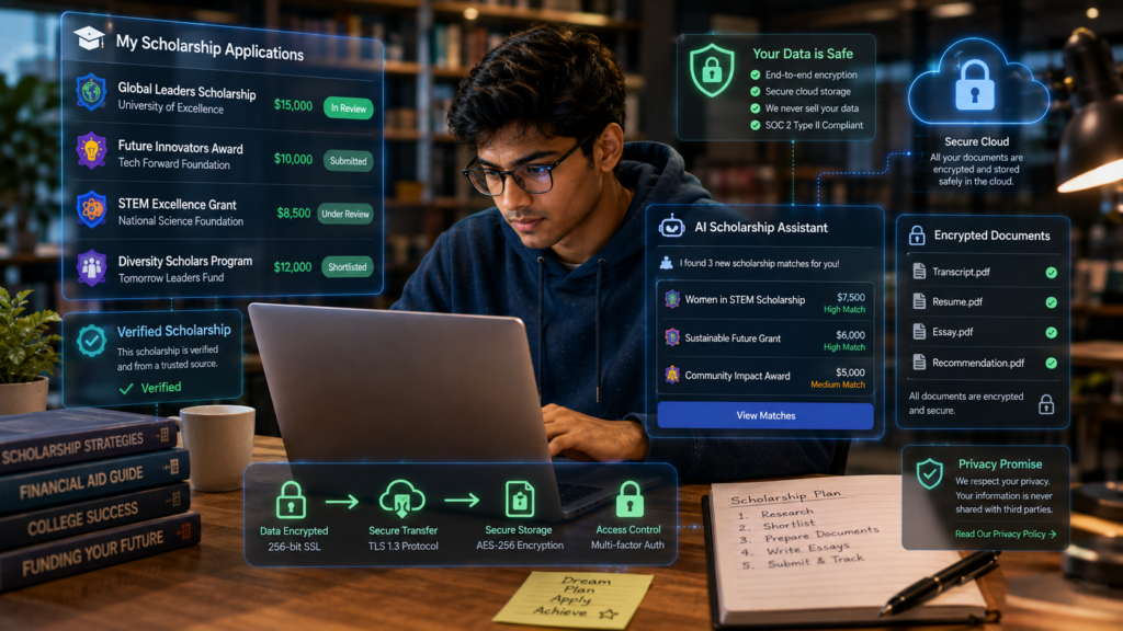 Student securely using AI scholarship tools while protecting personal information and avoiding scholarship scams
