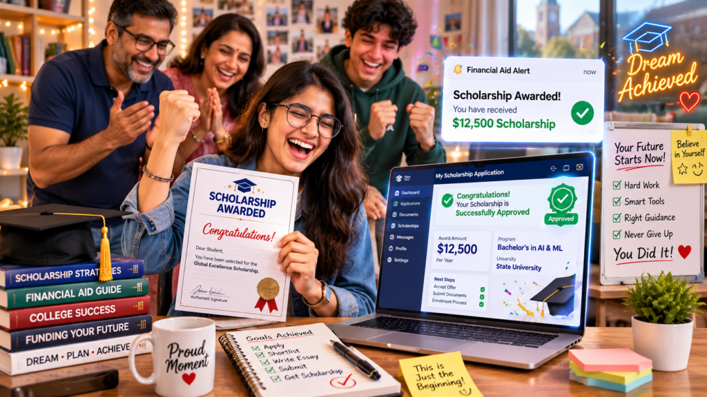 Happy college student celebrating scholarship success after using AI scholarship search tools