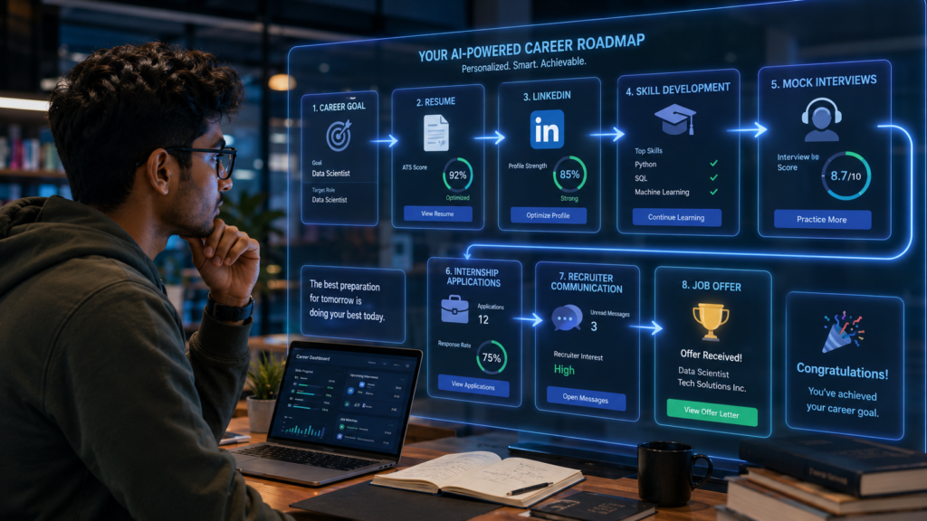 Student following AI-powered career preparation workflow from career planning to job offer